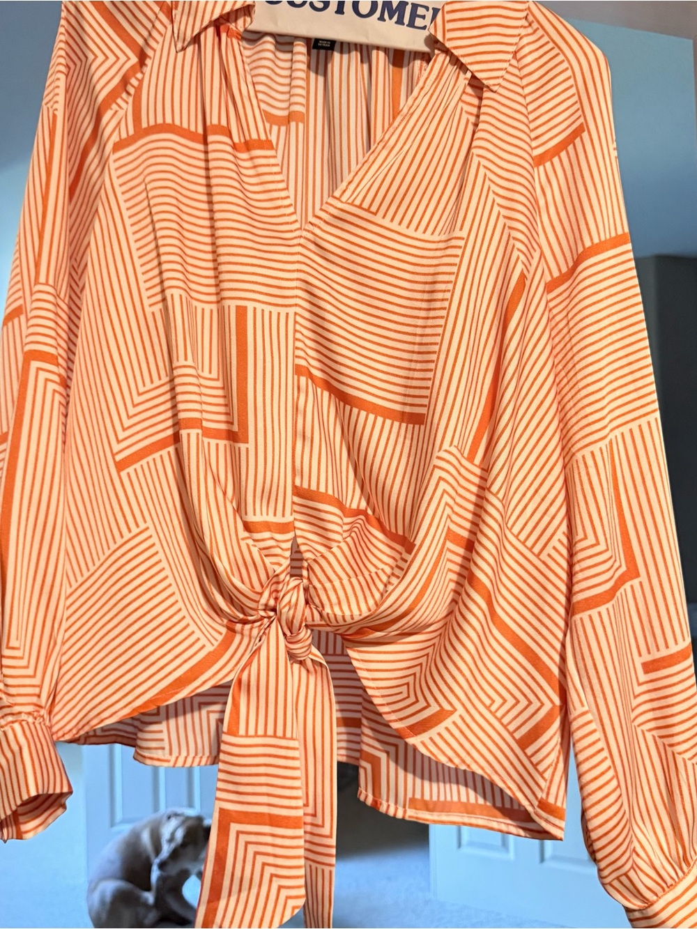 INC International Concepts Orange and Cream Geometric Tie-Front Blouse /Size Sm